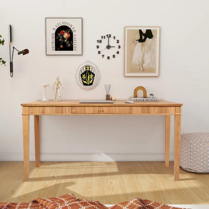 Natural Blonde Rubberwood Writing Desk Fluted Apron Single Drawer Gold Pull