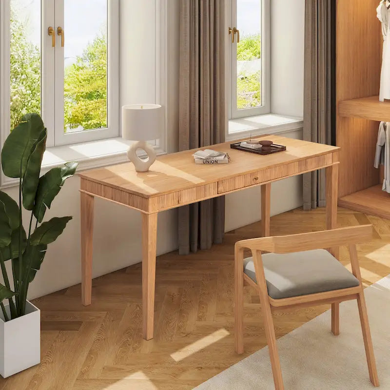 Natural Blonde Rubberwood Writing Desk Fluted Apron Single Drawer Gold Pull