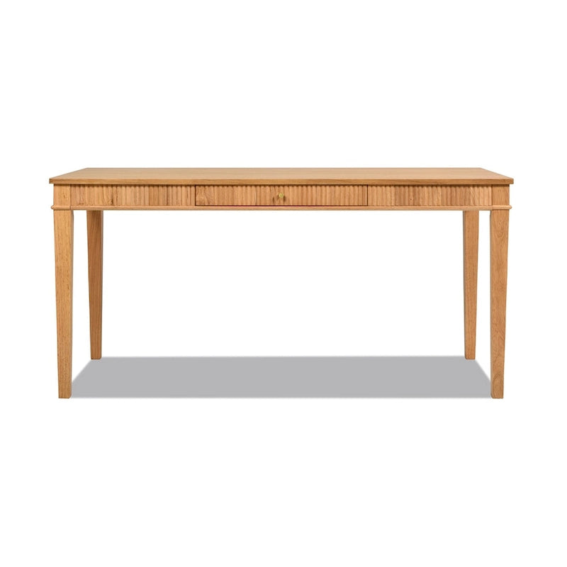 Natural Blonde Rubberwood Writing Desk Fluted Apron Single Drawer Gold Pull
