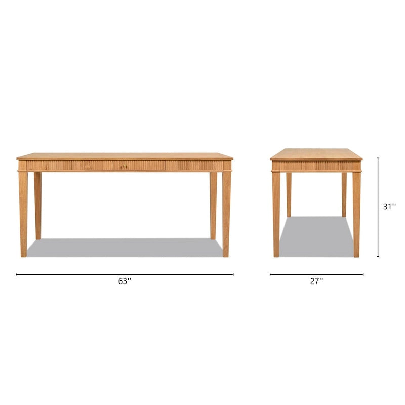 Natural Blonde Rubberwood Writing Desk Fluted Apron Single Drawer Gold Pull