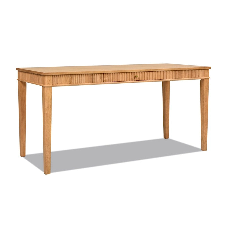 Natural Blonde Rubberwood Writing Desk Fluted Apron Single Drawer Gold Pull