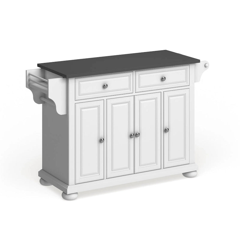 White Kitchen Island with Stainless Steel Top 3 Cabinets Drawers Spice Rack