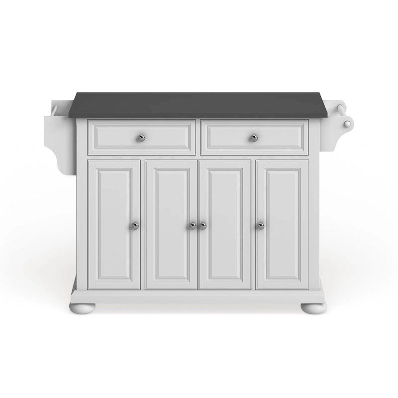 White Kitchen Island with Stainless Steel Top 3 Cabinets Drawers Spice Rack