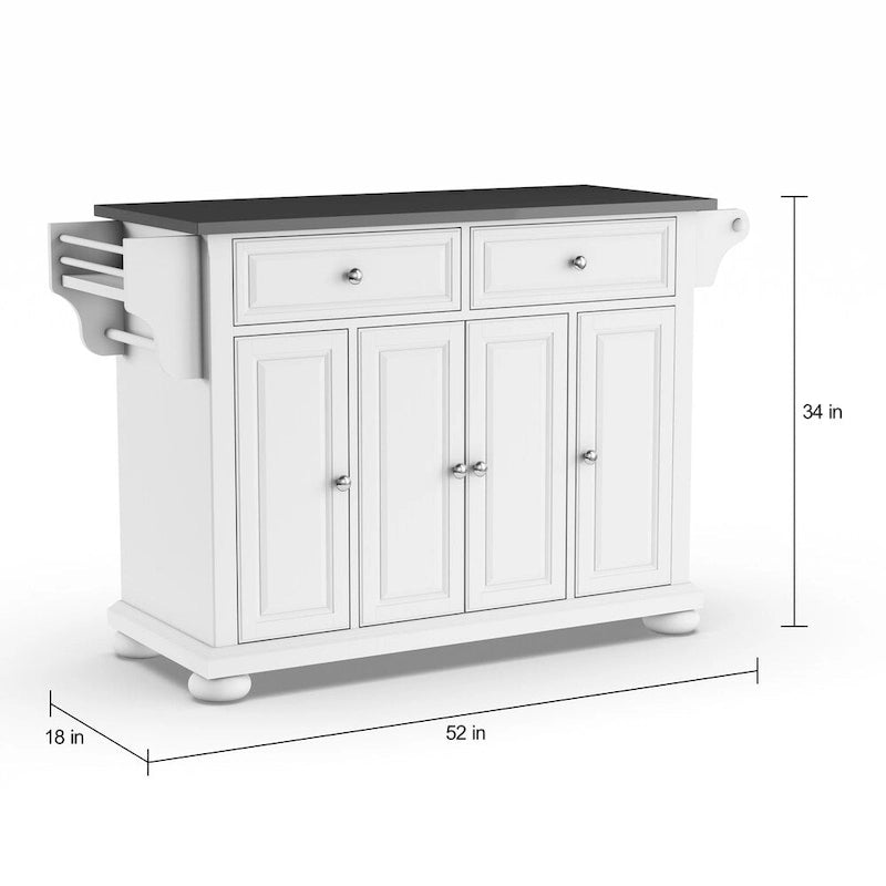 White Kitchen Island with Stainless Steel Top 3 Cabinets Drawers Spice Rack
