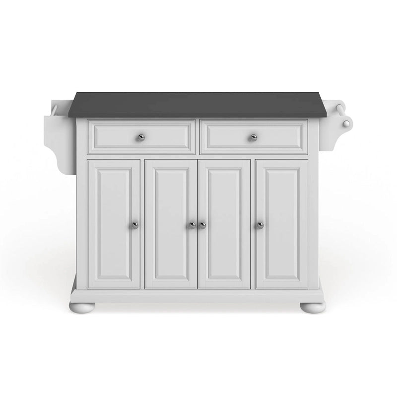 White Kitchen Island with Stainless Steel Top 3 Cabinets Drawers Spice Rack