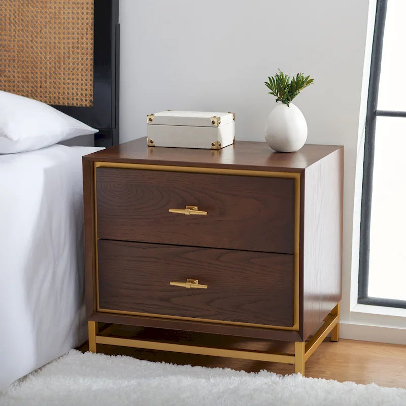 Walnut 2-Drawer Nightstand with Brass Base and Accent Border