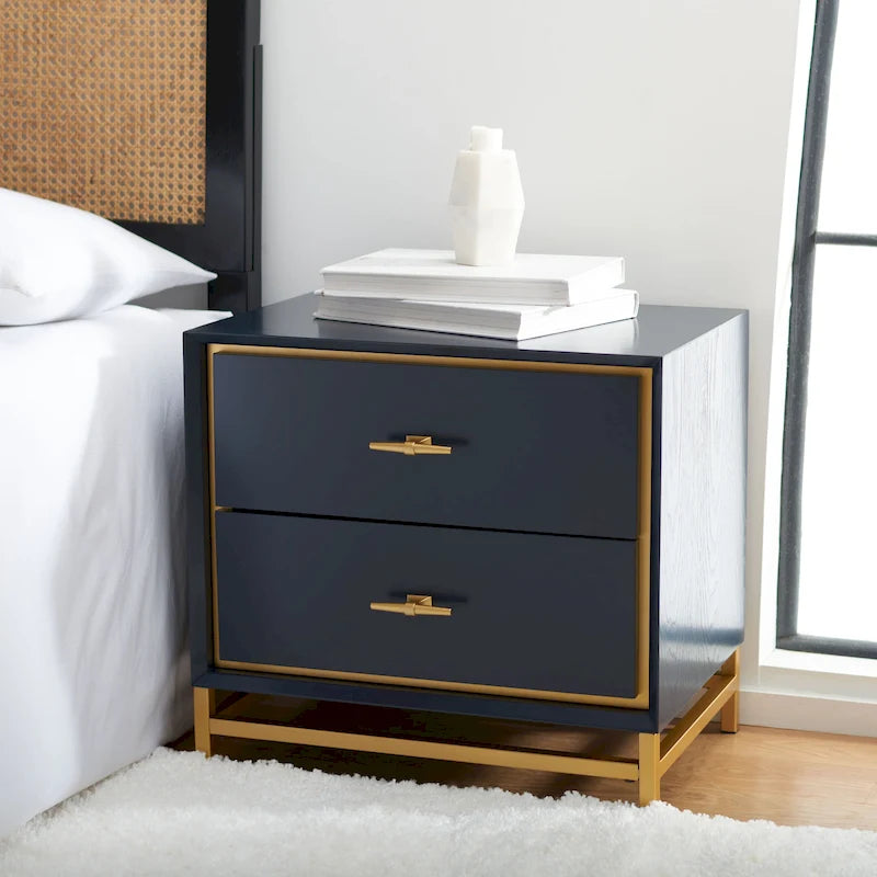 Walnut 2-Drawer Nightstand with Brass Base and Accent Border