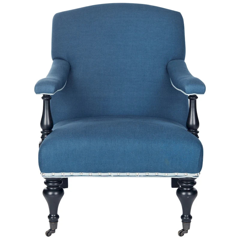 Steel Blue Viscose Accent Armchair Curved Back Nailhead Trim Caster Legs