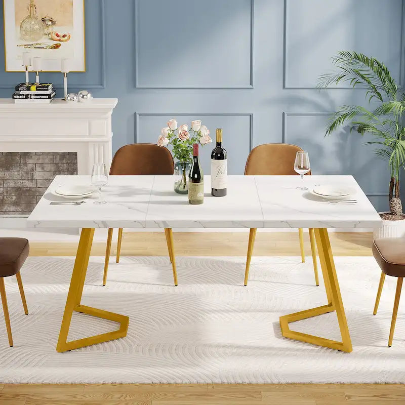 White Marble Finish Dining Table Gold Metal V-Leg Engineered Wood Top
