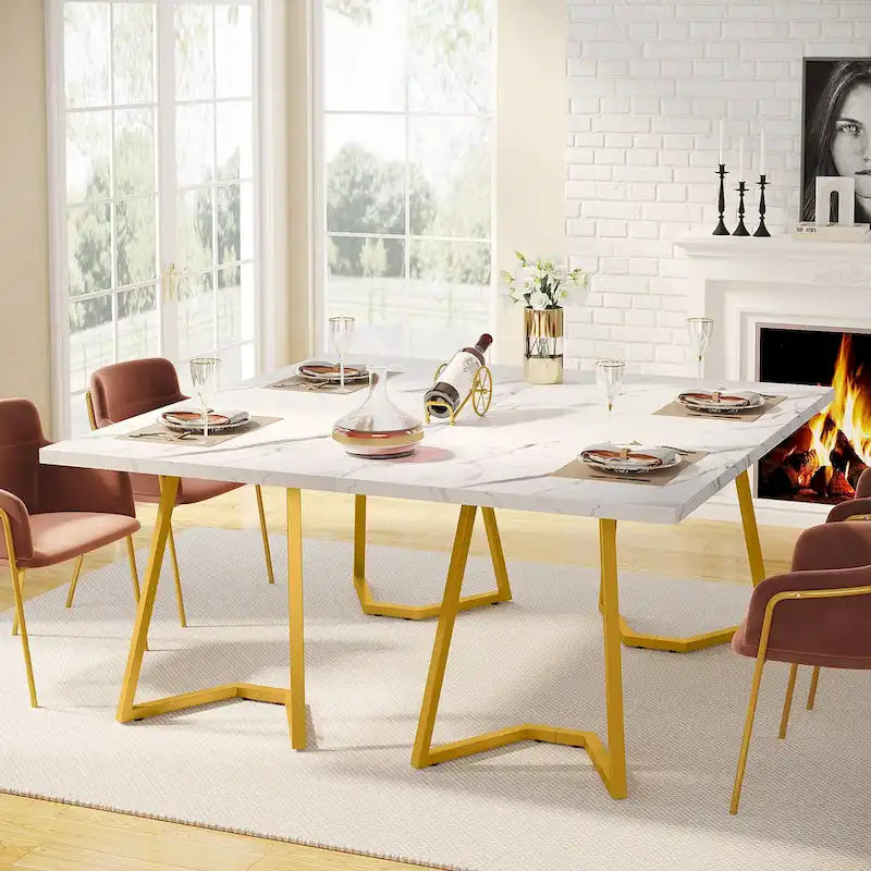 White Marble Finish Dining Table Gold Metal V-Leg Engineered Wood Top