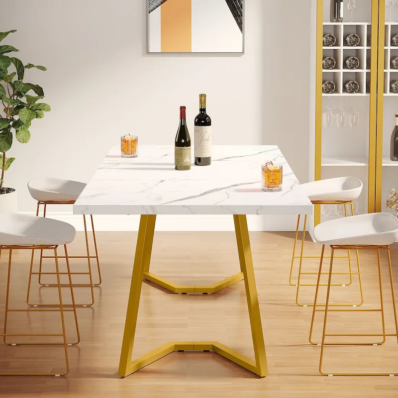 White Marble Finish Dining Table Gold Metal V-Leg Engineered Wood Top
