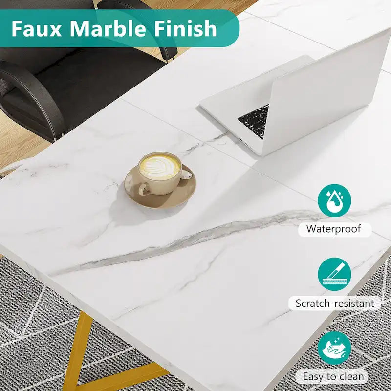 White Marble Finish Dining Table Gold Metal V-Leg Engineered Wood Top
