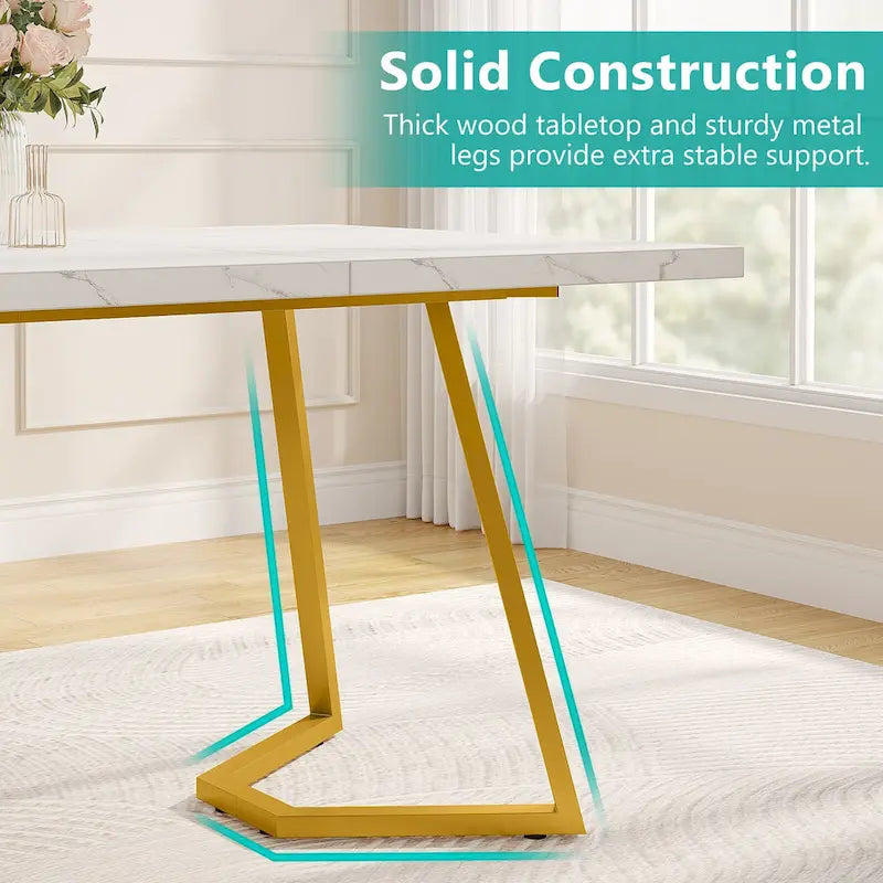 White Marble Finish Dining Table Gold Metal V-Leg Engineered Wood Top