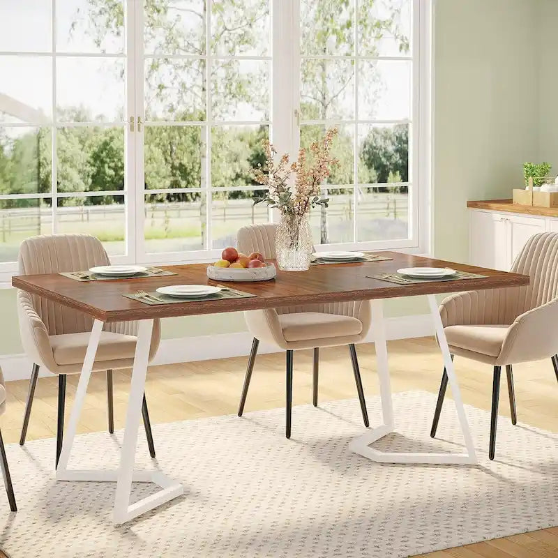 White Marble Finish Dining Table Gold Metal V-Leg Engineered Wood Top