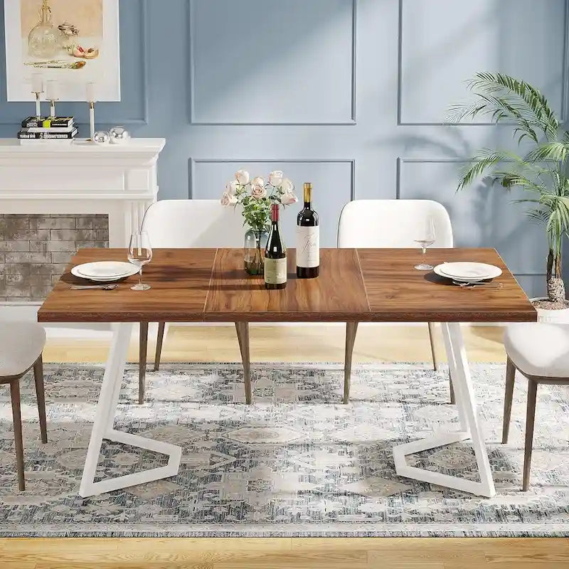 White Marble Finish Dining Table Gold Metal V-Leg Engineered Wood Top