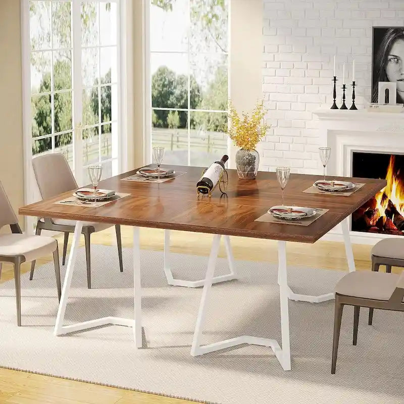 White Marble Finish Dining Table Gold Metal V-Leg Engineered Wood Top