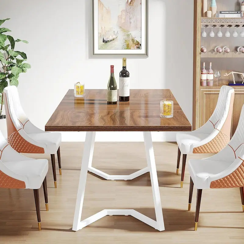 White Marble Finish Dining Table Gold Metal V-Leg Engineered Wood Top