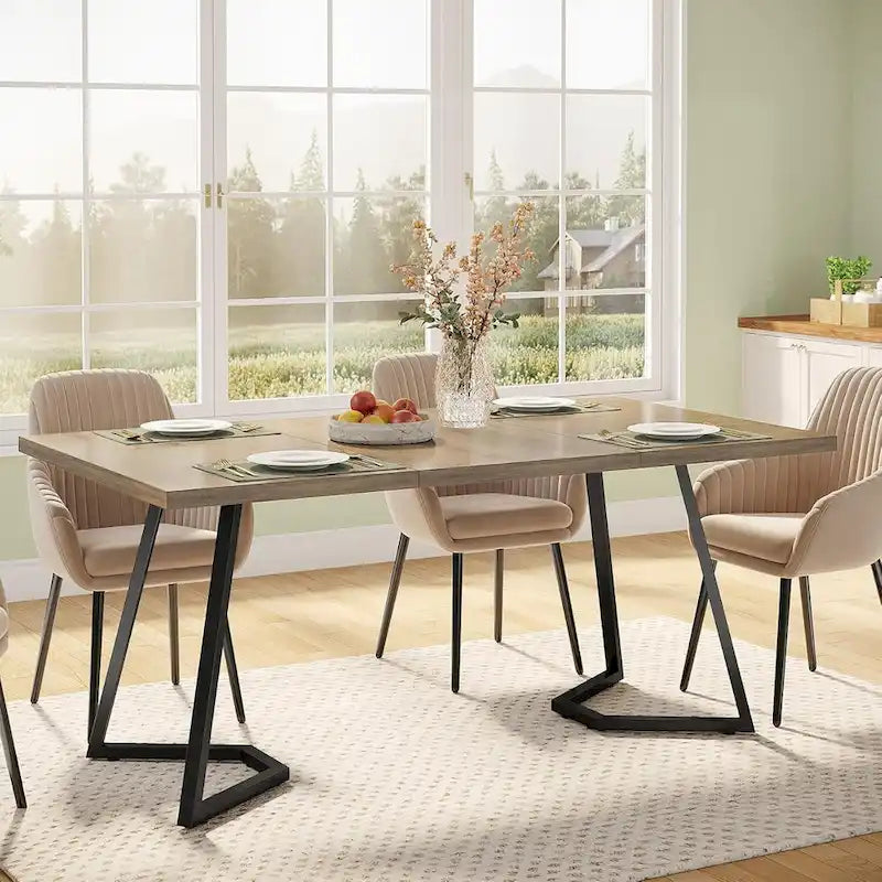 White Marble Finish Dining Table Gold Metal V-Leg Engineered Wood Top
