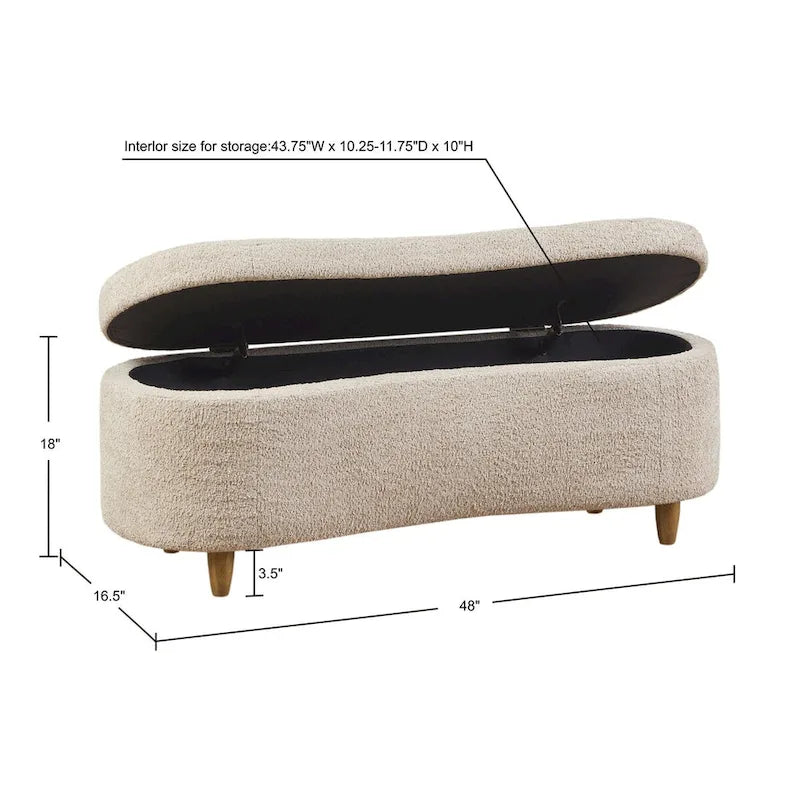 Taupe Boucle Flip Top Storage Bench Soft Close Solid Wood Legs