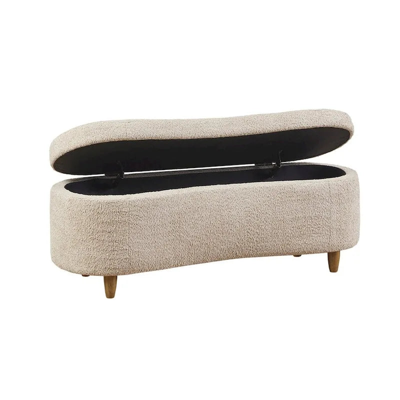 Taupe Boucle Flip Top Storage Bench Soft Close Solid Wood Legs
