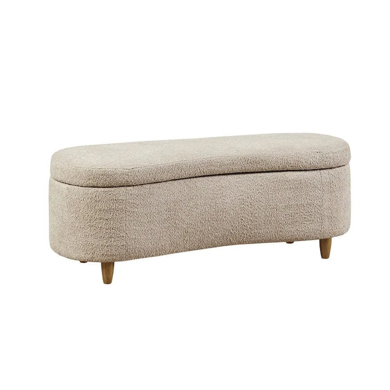 Taupe Boucle Flip Top Storage Bench Soft Close Solid Wood Legs