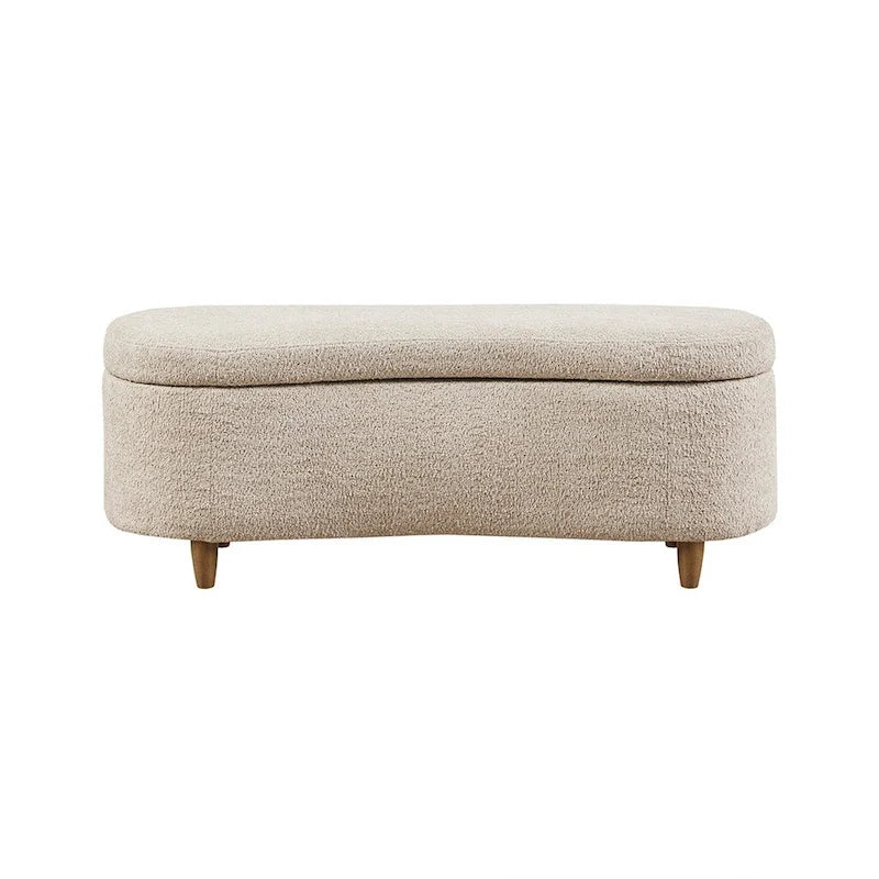 Taupe Boucle Flip Top Storage Bench Soft Close Solid Wood Legs
