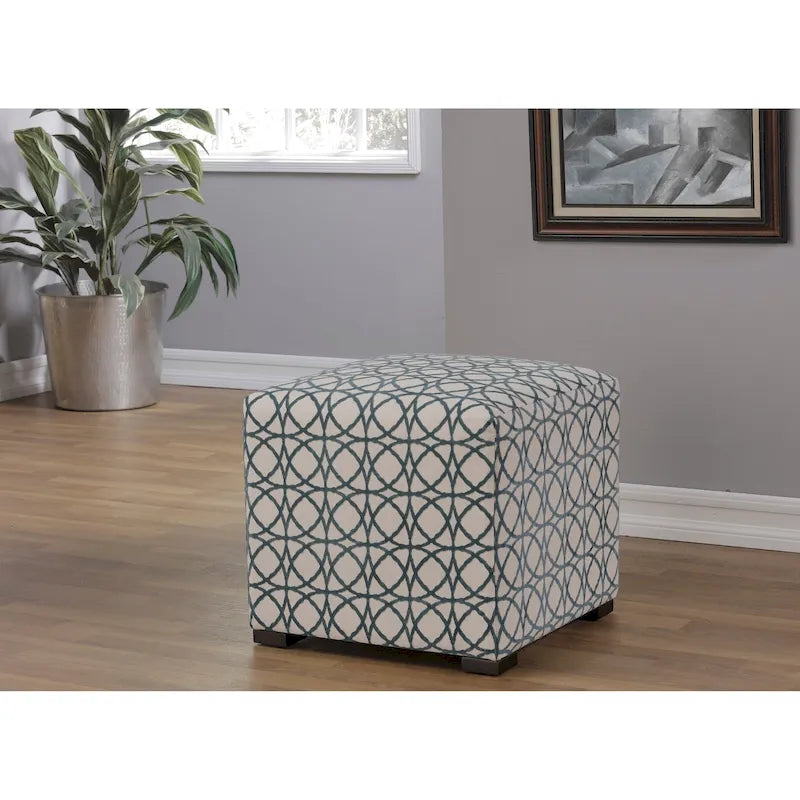 White Light Blue Geometric Print Square Ottoman 100% Polyester Transitional