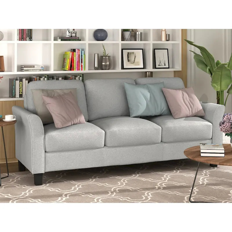 Grey Linen 3-Seat Sofa with Curved Arms Hardwood Frame Living Room