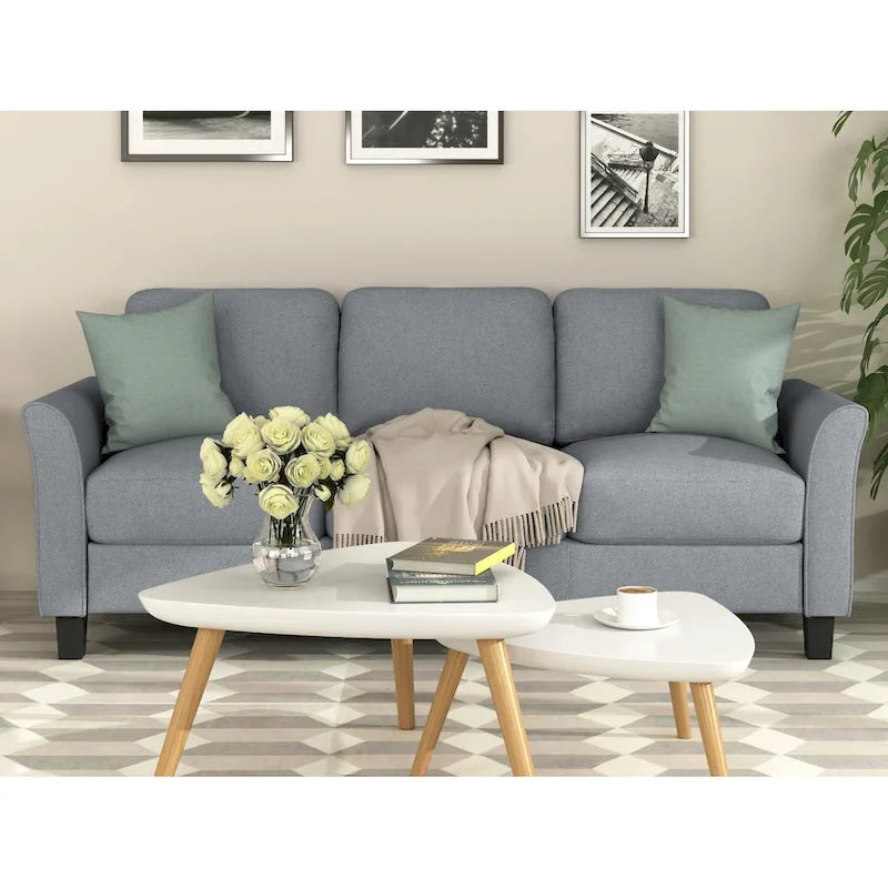 Grey Linen 3-Seat Sofa with Curved Arms Hardwood Frame Living Room