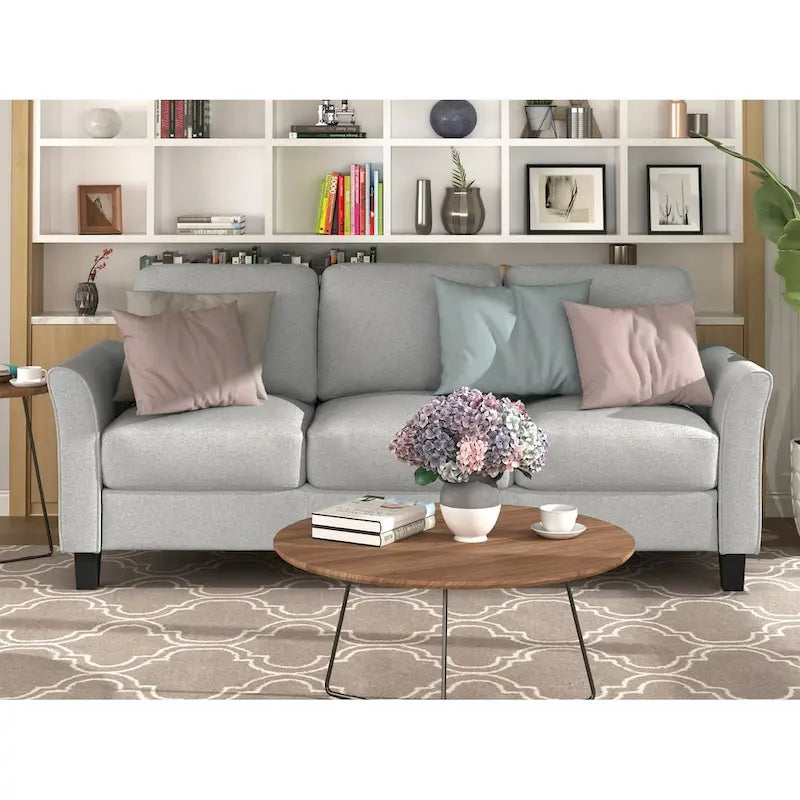 Grey Linen 3-Seat Sofa with Curved Arms Hardwood Frame Living Room