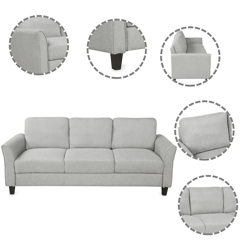 Grey Linen 3-Seat Sofa with Curved Arms Hardwood Frame Living Room