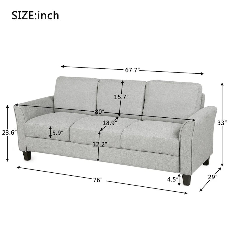 Grey Linen 3-Seat Sofa with Curved Arms Hardwood Frame Living Room