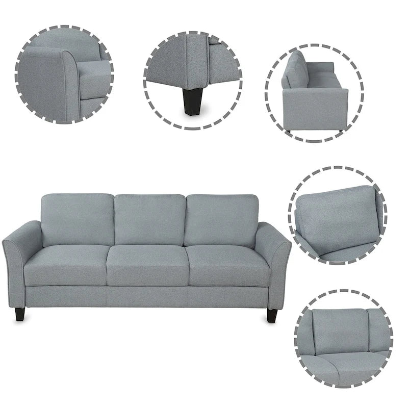 Grey Linen 3-Seat Sofa with Curved Arms Hardwood Frame Living Room