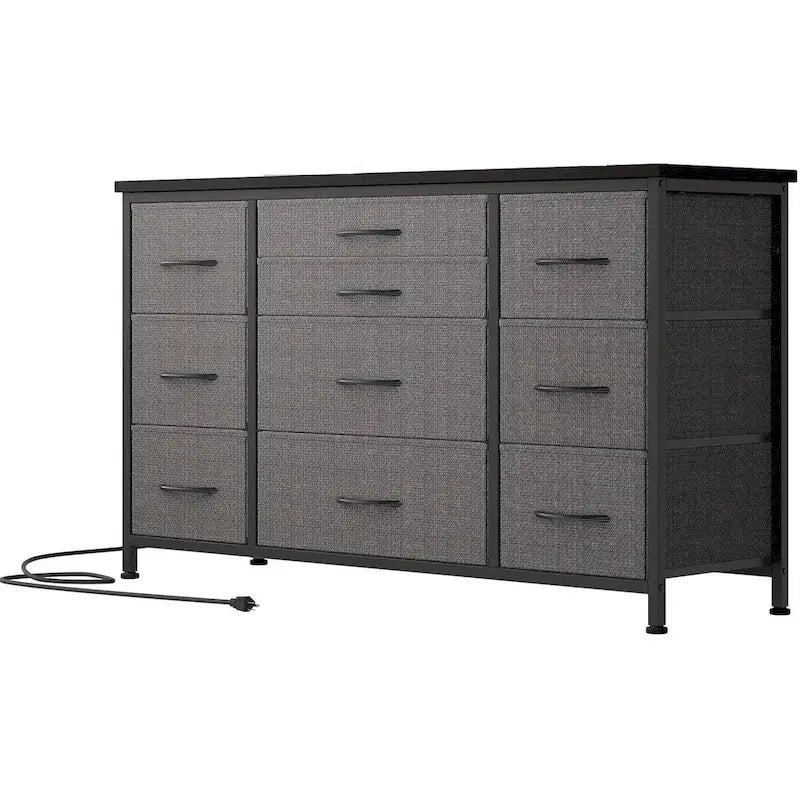 Brown 10-Drawer TV Stand with Power Outlet Wood Top Metal Frame
