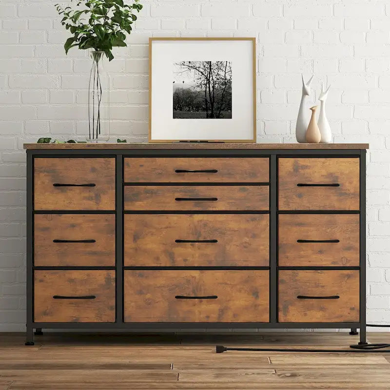 Brown 10-Drawer TV Stand with Power Outlet Wood Top Metal Frame