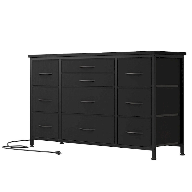 Brown 10-Drawer TV Stand with Power Outlet Wood Top Metal Frame
