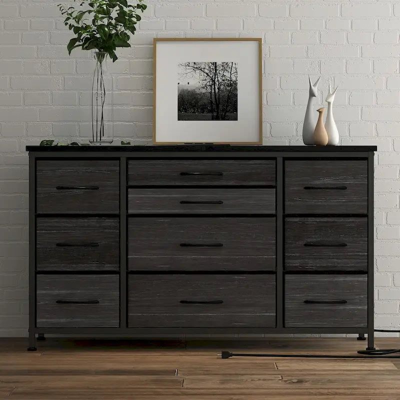 Brown 10-Drawer TV Stand with Power Outlet Wood Top Metal Frame