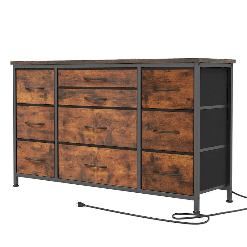 Brown 10-Drawer TV Stand with Power Outlet Wood Top Metal Frame