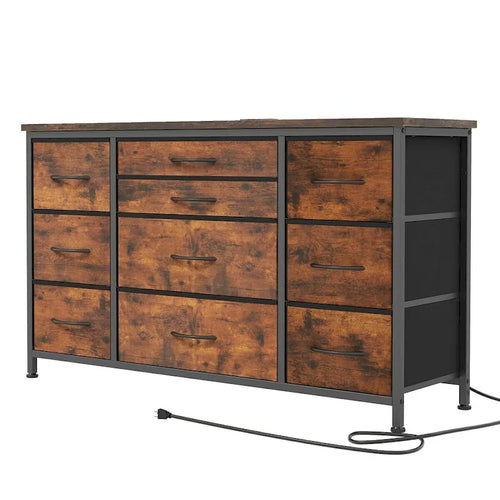 Brown 10-Drawer TV Stand with Power Outlet Wood Top Metal Frame