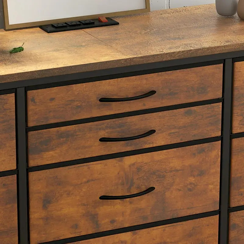 Brown 10-Drawer TV Stand with Power Outlet Wood Top Metal Frame