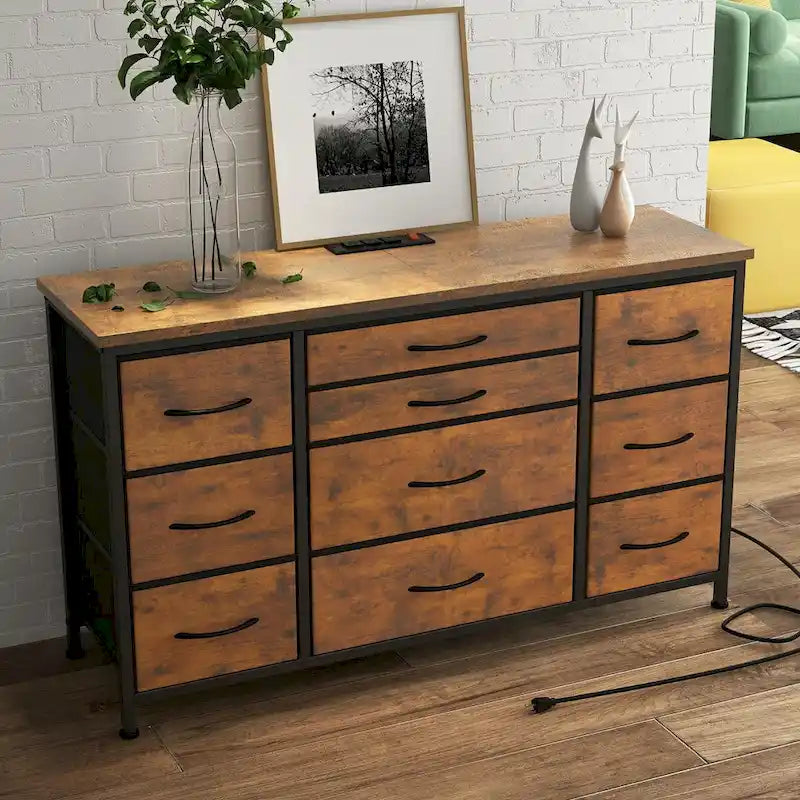 Brown 10-Drawer TV Stand with Power Outlet Wood Top Metal Frame
