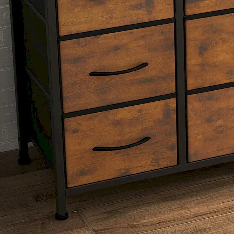 Brown 10-Drawer TV Stand with Power Outlet Wood Top Metal Frame