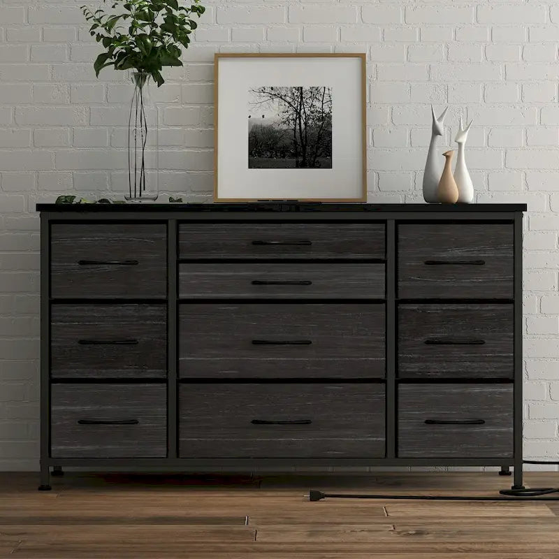 Brown 10-Drawer TV Stand with Power Outlet Wood Top Metal Frame