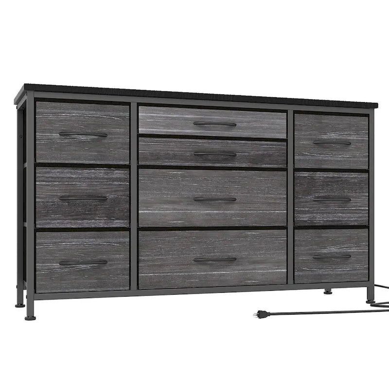 Brown 10-Drawer TV Stand with Power Outlet Wood Top Metal Frame