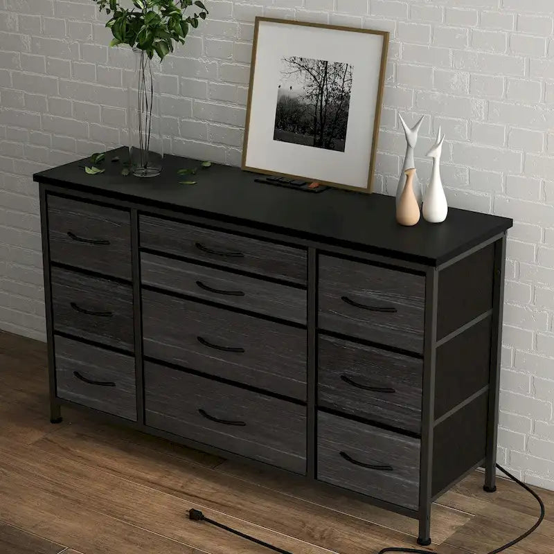 Brown 10-Drawer TV Stand with Power Outlet Wood Top Metal Frame