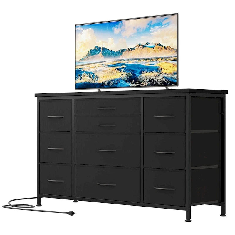Brown 10-Drawer TV Stand with Power Outlet Wood Top Metal Frame