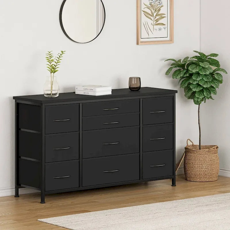 Brown 10-Drawer TV Stand with Power Outlet Wood Top Metal Frame