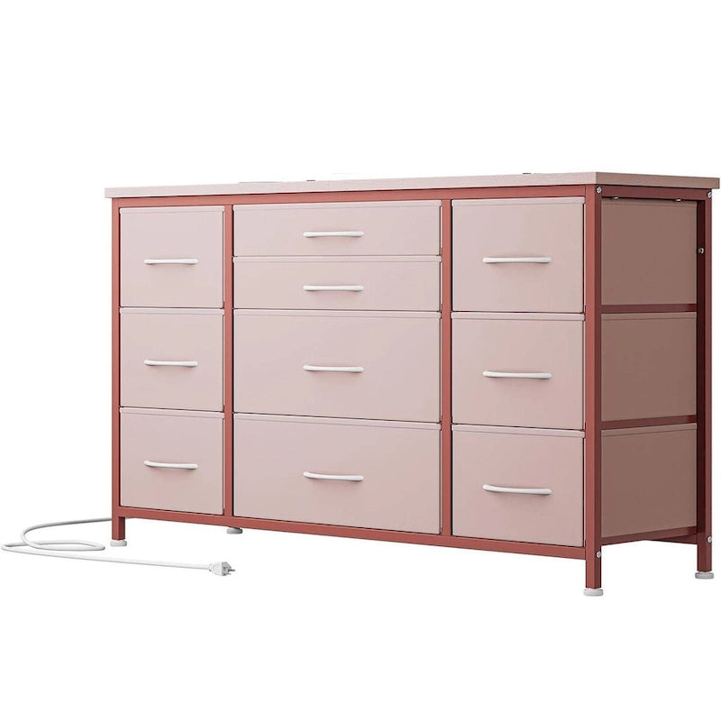 Brown 10-Drawer TV Stand with Power Outlet Wood Top Metal Frame