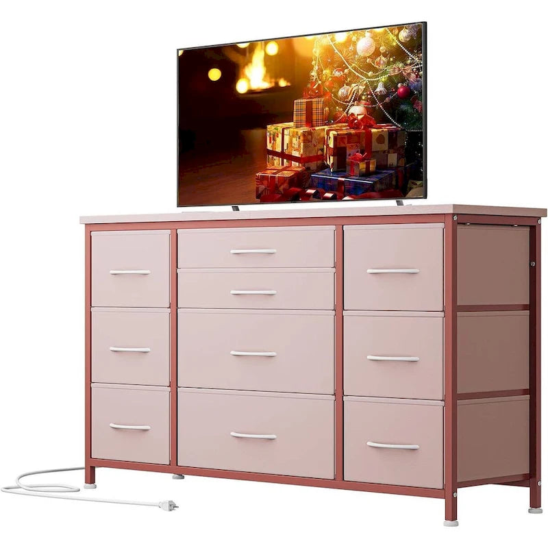 Brown 10-Drawer TV Stand with Power Outlet Wood Top Metal Frame