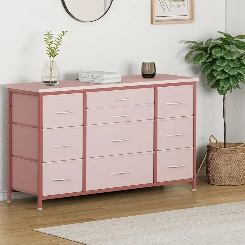 Brown 10-Drawer TV Stand with Power Outlet Wood Top Metal Frame